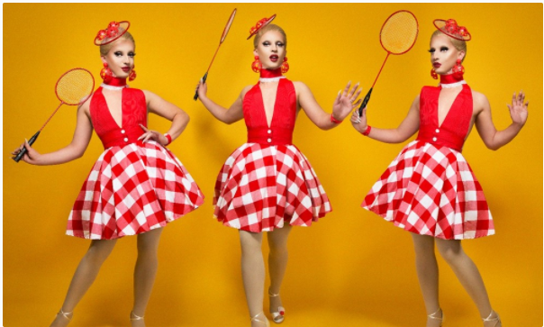 Triptych of drag queen Miz Cracker in a racquet ball-inspired outfit.