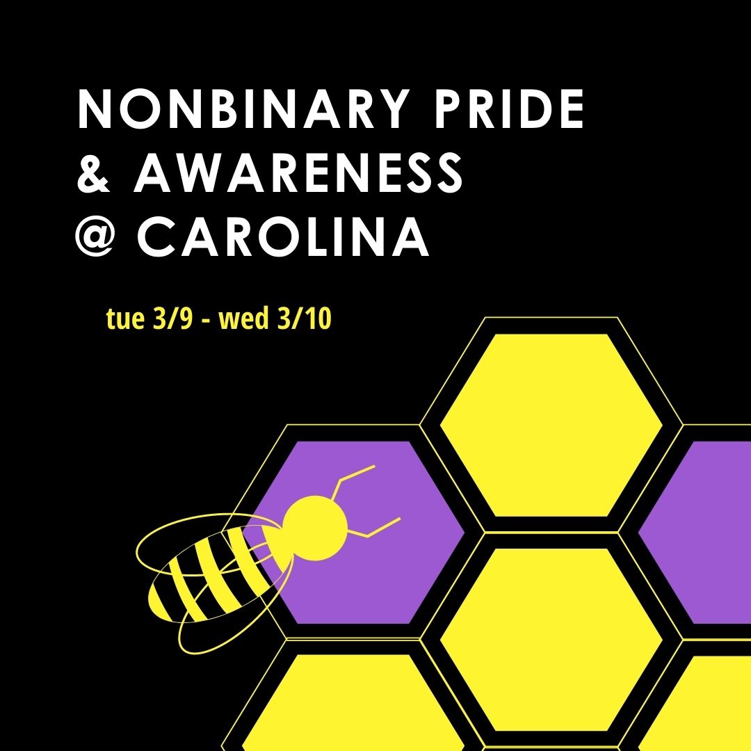 Graphic designed by Rowan Merritt: black background with yellow and purple colored hexes resembling a honeycomb is in the bottom right corner. There is a yellow bee next to the hexes. Text Description: Nonbinary Pride and Visibility at Carolina: Tuesday 3/9 and Wednesday 3/10