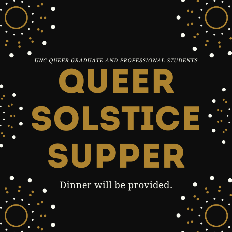 Queer Solstice Supper in gold letters on black, gold, and white bacground