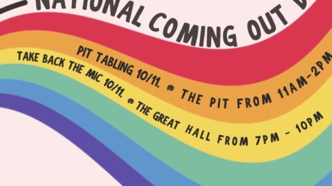Event flyer featuring a rainbow on an off-white background