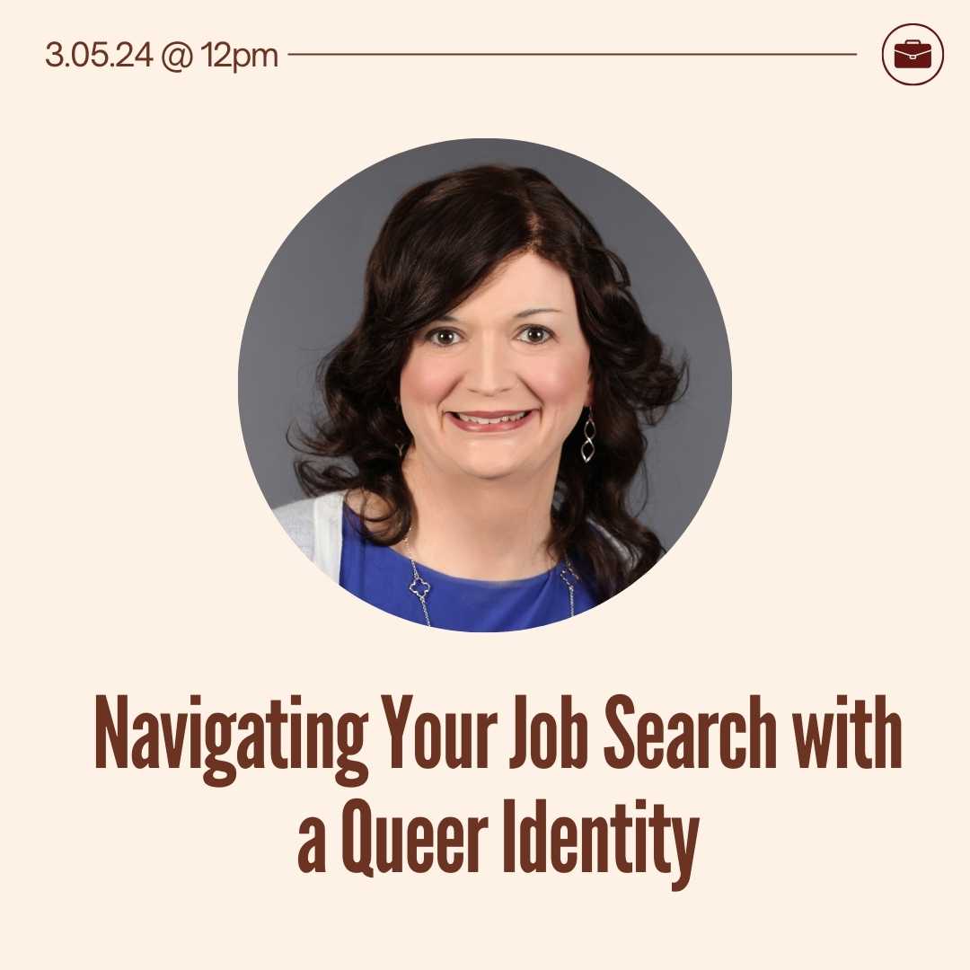 Photo of Dr. Easterling with the title of the program: Navigating your job search with a queer identity.